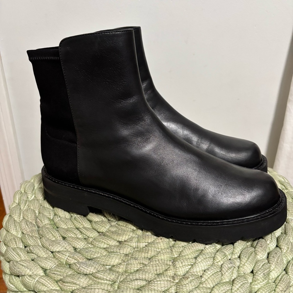 Stuart Weitzman 5050 Lift Black Nappa Leather Pull On Combat Ankle Boots Bootie